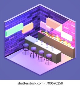 Isometric flat 3D isolated concept vector cutaway Bar in the nightclub. Bar counter with stools before it, and alcohol cocktails and bottles on the shelves.