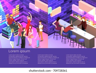 Isometric Flat 3D Isolated Concept Vector Cutaway Bar In The Nightclub. Bar Counter With Stools Before It, And Alcohol Cocktails And Bottles On The Shelves. A Drunk Man Is Sleeping. People Are Dancing