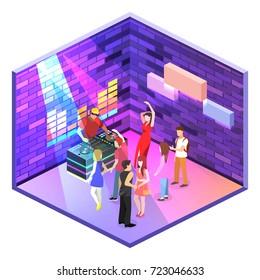 Isometric flat 3D isolated concept vector cutaway Bar in the nightclub.. People are dancing