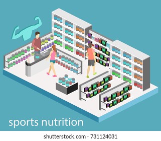 Isometric flat 3D isolated concept vector cutaway interior of Sports supplements. Bodybuilding or gym supplements . Sport and fitness nutrition.