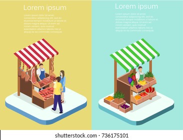 Isometric flat 3D isolated concept vector Butcher shop and fruit stand. The pieces of meat are sold on the show-window