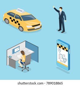 Isometric flat 3D isolated concept vector taxi transport, service. A person calls a taxi through a mobile application.