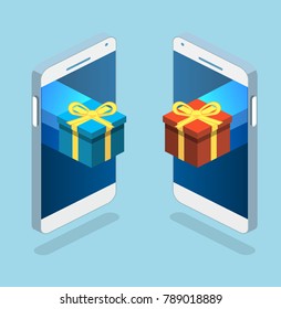 Isometric flat 3D isolated concept vector online order conceptual composition with c gift box on top of phone touch screen