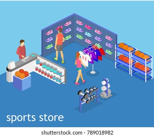Isometric flat 3D isolated concept vector interior goods for the sports shop.