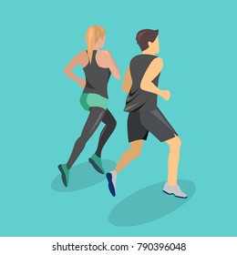 Isometric flat 3D isolated concept people running on the road. A girl and a guy are running a jog