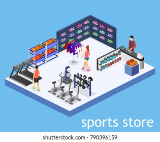 Isometric flat 3D isolated concept vector interior goods for the sports shop.