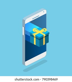 Isometric flat 3D isolated concept vector online order conceptual composition with c gift box on top of phone touch screen
