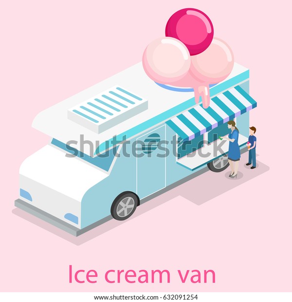 Isometric flat 3D\
isolated concept vector ice cream truck,van with icecream on the\
roof. Mom buys a baby ice\
cream