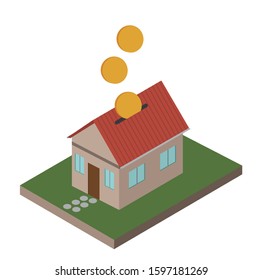 Isometric flat 3D isolated vector property Investment concept. House and real estate money investment. Saving up for a house, mortgage, shared construction, savings on housing. Cash Savings Save Money