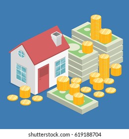 Isometric flat 3D isolated vector property Investment concept. House and real estate money investment.