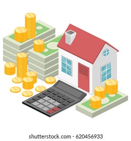 Isometric flat 3D isolated vector property Investment concept. House and real estate money investment.