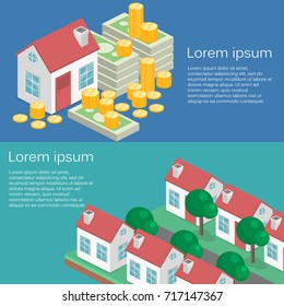 Isometric Flat 3D Isolated Vector Property Investment Concept. House And Real Estate Money Investment.