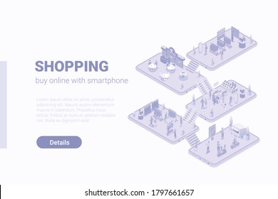 Isometric Flat 3D People in Shopping Mall Shop center vector concept.