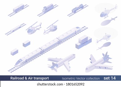 Colección vectorial de vehículos de transporte aéreo Isomtric Flat 3D Railroad Air Transport: 
Tren de velocidad, vagón ferroviario, carretera ferroviaria, helicóptero, avión,