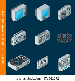 Isometric flat 3d retro electronic icons set