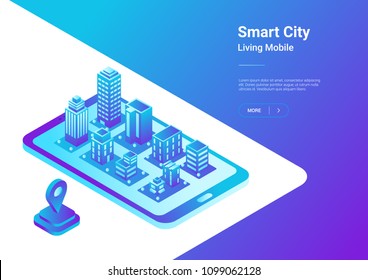 Isometric flat 3D Smart City Map in Mobile Phone Navigation vector illustration concept. Architecture Buildings as virtual town in smartphone.