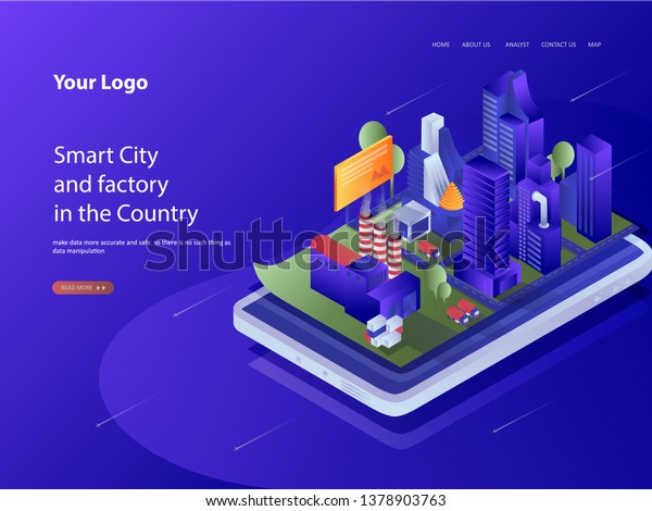 Isometric flat 3D Smart City Map in Mobile Phone
Navigation vector illustration concept. Architecture Buildings as
virtual town in smartphone | Perspective panorama of the landscape
of industrial 