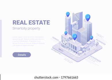 Isometric Flat 3D Smartcity Skyscraper Business District Real Estate Vector Concept.