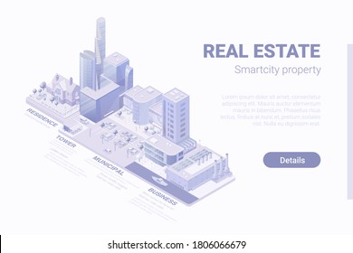 Concepto vectorial del distrito empresarial de Isometric Flat 3D Smartcity Skyscraper.