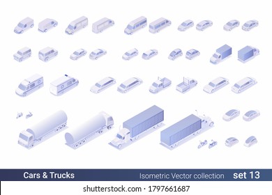 Isometric Flat 3D Transport Cars Vehicle vector collection: 
Truck, Gasoline tanker, car, van, pickup, jeep, limousine, Motor bike