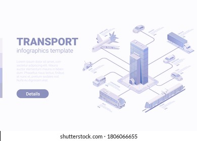 Isometric Flat 3D Transportation Infografik Vektordesign Vorlage. 
Bus, Zug, Flugzeug, LKW, Auto mit dem Business Center verbunden.