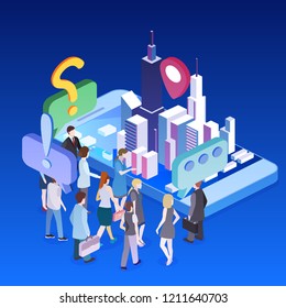 Isometric flat 3D vector exhibition promotion stand. Trade show booth. Presentation of a new mobile application for working with maps