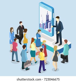 Isometric flat 3D vector exhibition promotion stand. Trade show booth. Presentation of a new mobile application for working with maps