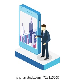 Isometric flat 3D vector exhibition promotion stand. Trade show booth. Presentation of a new mobile application for working with maps