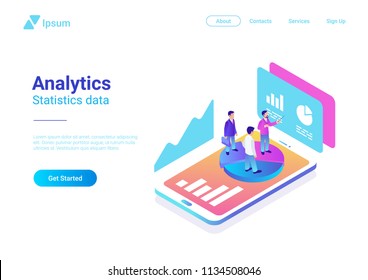Isometric Flat Analytics Marketing Strategy Vector Illustration. People standing on Smartphone with Statistics Charts.