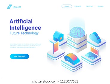 Isometric flat Artificial Intelligence digital Brain future technology colorful concept vector design. Laptop Electric Car Smartphone Brain House objects of AI.