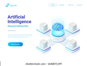 Isometric Flat Artificial Intelligence Neural Networks Future Technology Concept Vector Design. Digital Brain Connected With Servers Computing Systems. AI, ANN Illustration.