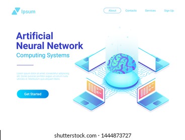 Isometric flat Artificial Intelligence Neural Networks future technology concept design. Digital Brain connected with computers. AI, ANN vector illustration.