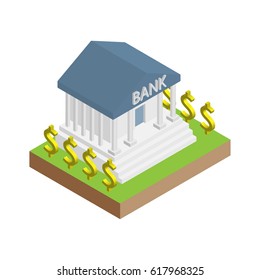 Isometric flat bank vector with dollar symbol and land