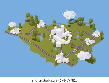 Isometric flat Belarus country with main cities, roads, lakes and trees. Concept 3d illustration good for infographics with clouds and shadows. Part of Europe continent with cars riding