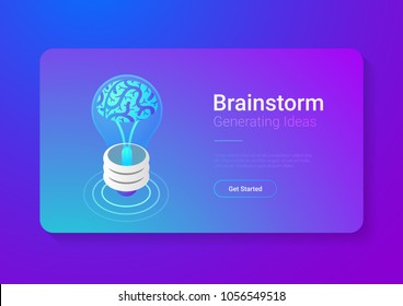 Isometric Flat Brainstorm ideas vector illustration. Brain in Light Bulb Lamp generate think creative innovation idea isometry 3D concept.