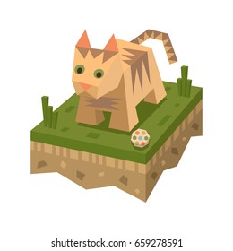 Isometric flat cat on the tile of ground with grass and ball. Geometric hare in isometry. Isometric vector illustration - bunny on farm 3d land or soil tile.