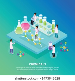 Isometric and flat chemicals background with five people work at the lab vector illustration