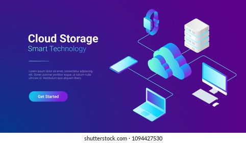 Isometric Flat Cloud Hosting Network Vector Illustration. Online Computing Storage 3D Isometry Concept. Smartwatch, Computer, Laptop, Mobile Phone Objects.