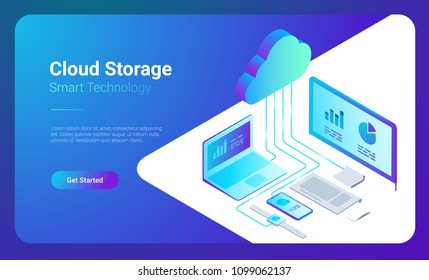 Isometric Flat Cloud Hosting Network Vector Banner Design. Online Computing Storage 3D Concept. Smartwatch, Computer, Laptop, Mobile Phone Objects.