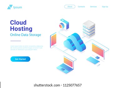 Isometric Flat Cloud Hosting Network Vector Banner Design. Online Computing Storage 3D Colorful Concept. Smartwatch, Computer, Laptop, Mobile Phone Objects.