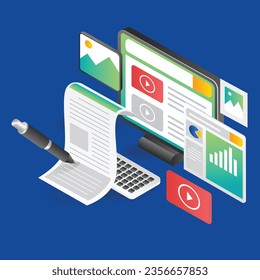 Isometric flat concept illustration of creative multi media web blog content