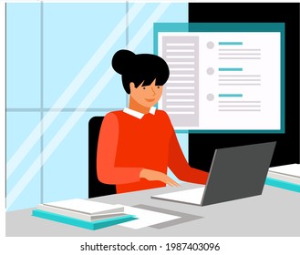Isometric flat concept Illustration. a girl opens a laptop and does a search