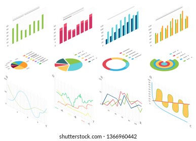 Isometric flat data finance graphic, business finance charts for infographic. Waves graph data, 2d diagram statistics, information columns isolated vector illustration.