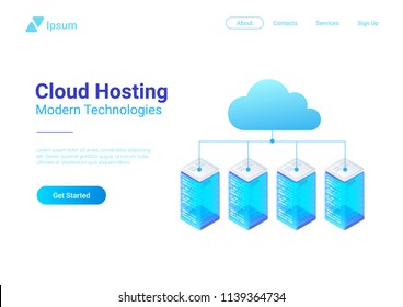 Isometric Flat Data Hosting Servers connected to Cloud vector illustration.