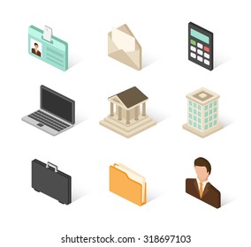 Isometric flat design 3D business finance and office icons set with shadows