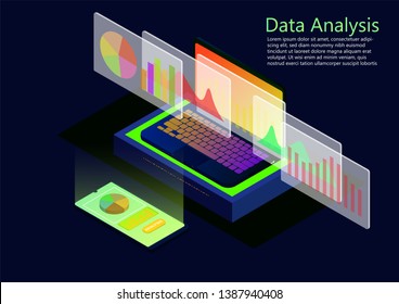 isometric flat design of Analysis data and Investment. Financial review with laptop, smartphone and infographic elements