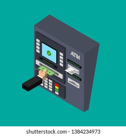 Isometric flat design of ATM machine isolated on color background. Withdrawing money from ATM. Using automat terminal. Vector illustration. 