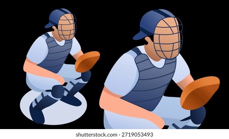 Ilustración vectorial del jugador del receptor de béisbol del diseño plano isométrico