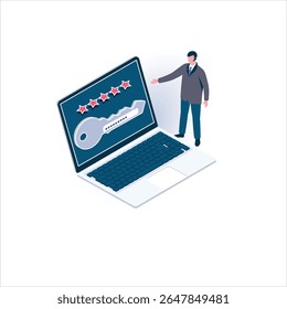 Isometric flat design. A businessman points to a large key with stars displayed on a laptop screen. Concept for security access, strong passwords, and premium solutions