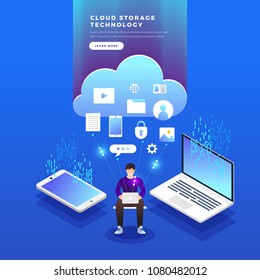 Isometric Flat Design Concept Cloud Technology Data Transfer And Storage. Connecting Information. Vector Illustrations.